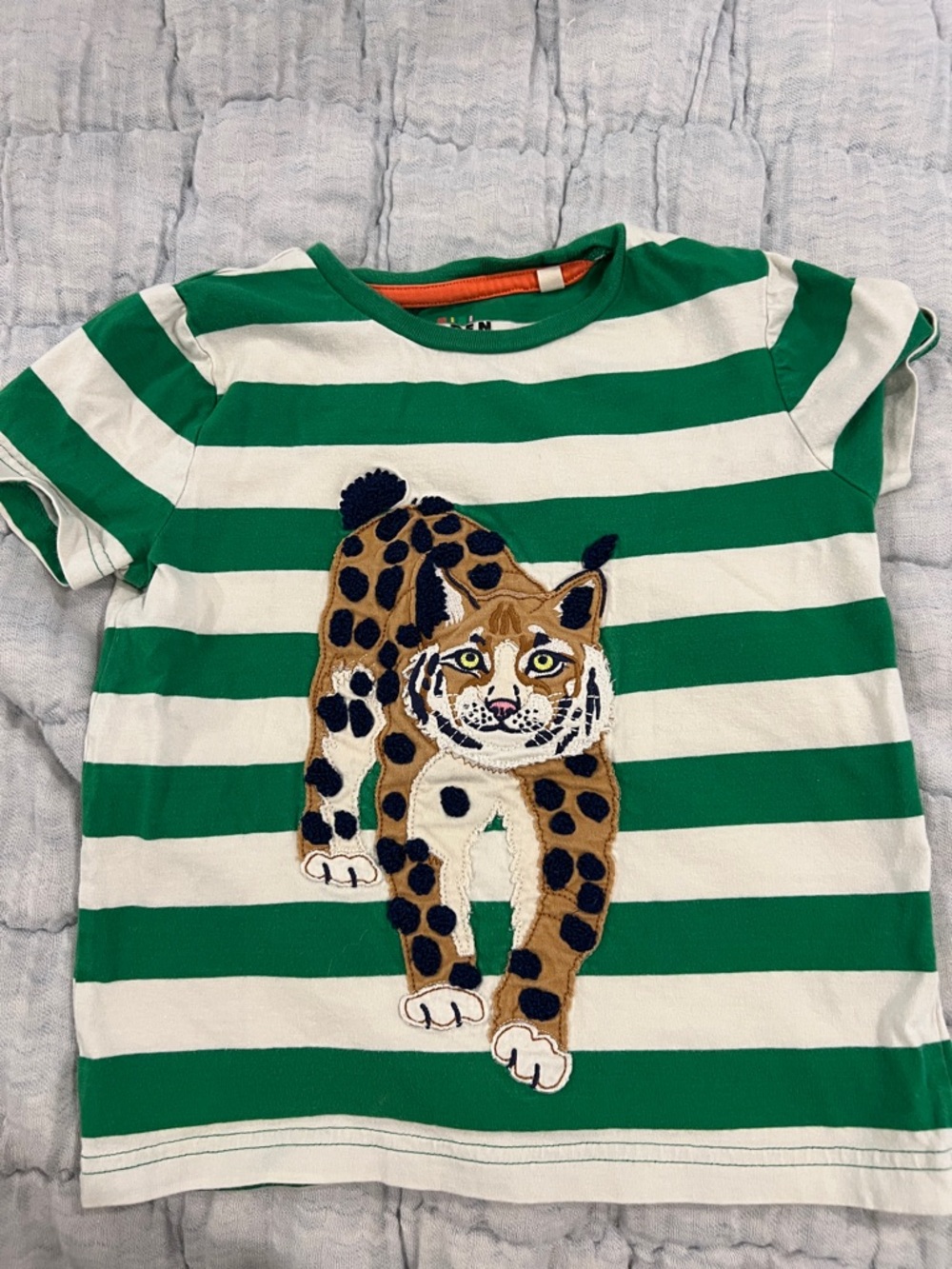 Mini Boden Green & White Striped Tee with Leopard Patch